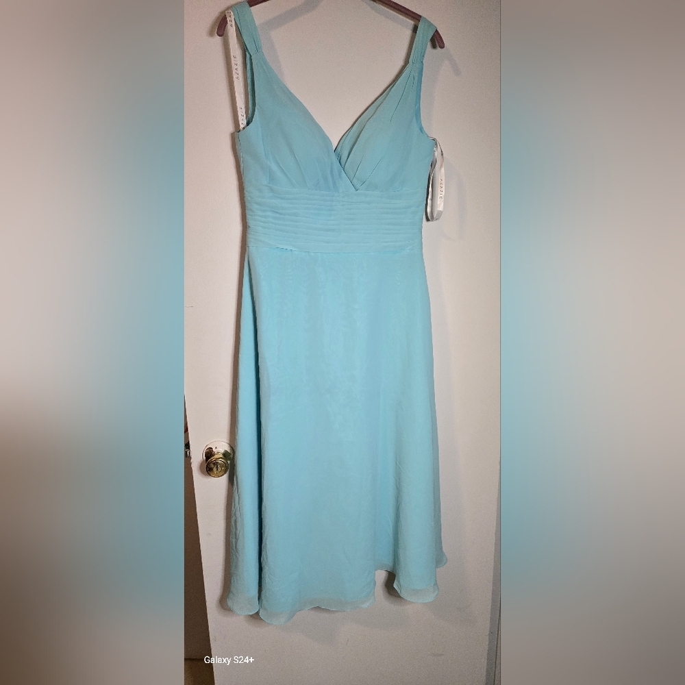 Azazie Blue Ruched Strapless Sundress for Weddings - Picture 3 of 4
